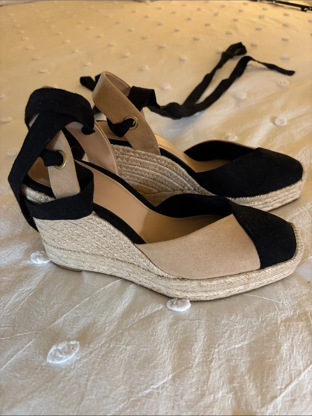Zara Black and Beige Espadrille Wedge Sandals with Ankle Wrap